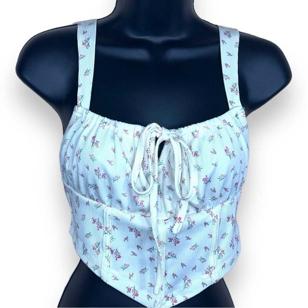 SIZE 4 ROMWE FLORAL CROP TOP PEASANT COTTAGE BEIGE IVORY PINK SLEEVELESS STRETCH